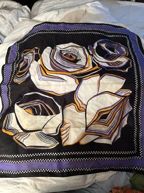 Macys Little Shoppe Vintage bold black purple abstract ROSE scarf FRANCE 27" sq